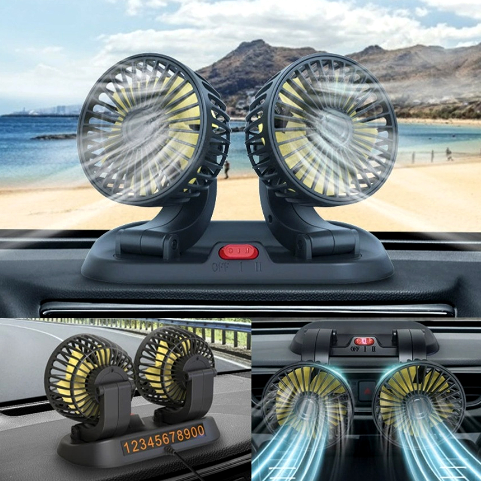 Adjustable Car Cool Fan, Dual Head Design, 2-speed Adjustable, 360° Rotating Portable Car Fan,12V Cigarette Lighter Powered, Suitable for Caravan, Sed