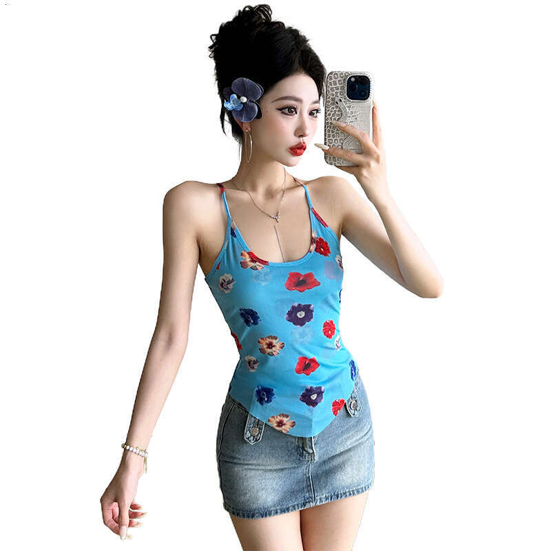 2025 New Summer Fashion Slim Fit Versatile Sleeveless Backless Plant Print Camisole for Women 2f1