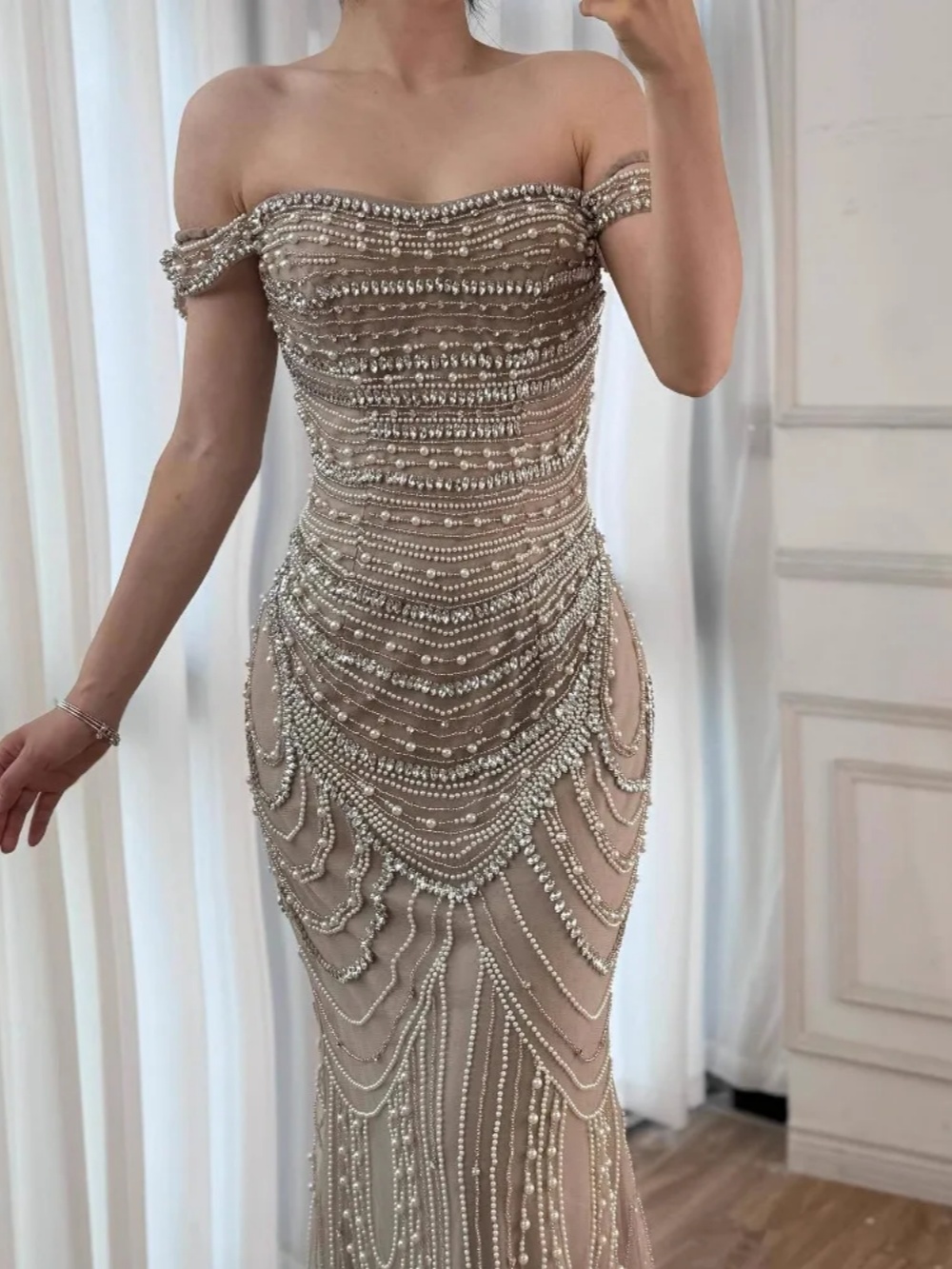 Charming Beading Mermaid Evening Dress Pearls Off Shoulder Sleeveless Prom Gowns Illusion Sweep Train Bridal Dresses Customized
