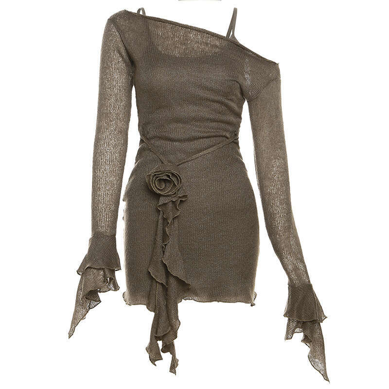 2023 Autumn New Women's Solid Color Slim High Waist Fashion Asymmetrical Neck Strap Long Sleeve Dress 67a
