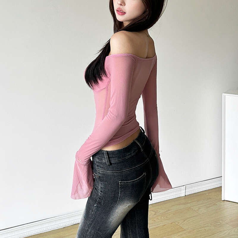 2024 Summer New Women's Solid Color Slim Fit Fashion Off-Shoulder Long Sleeve Mesh Backless Top 005