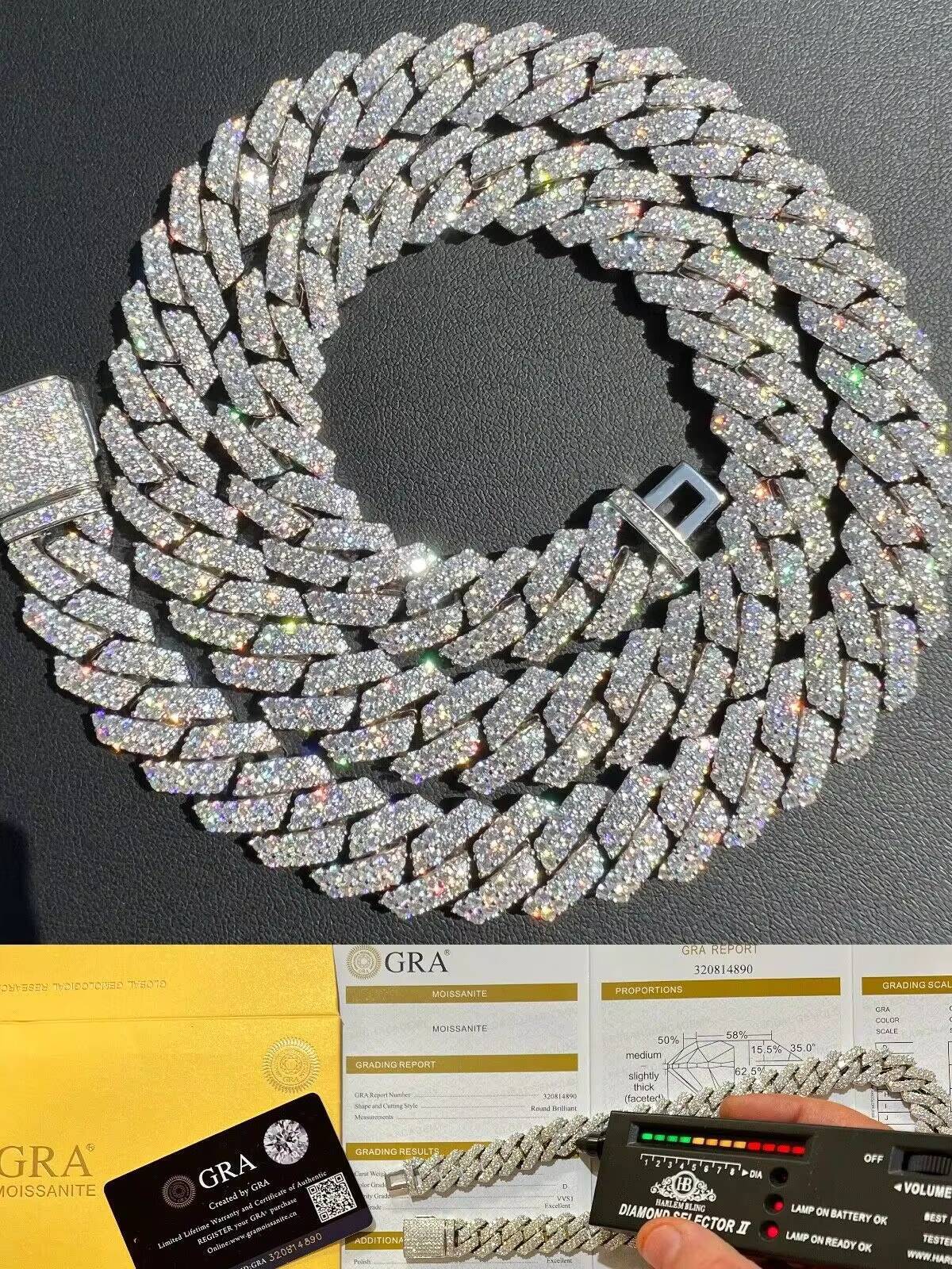 8-20mm 24inches Moissanite Silver Chain Round Cut Moissanite Diamond Test Positive 925 Silver Hip Pop Chain Cuban Chain