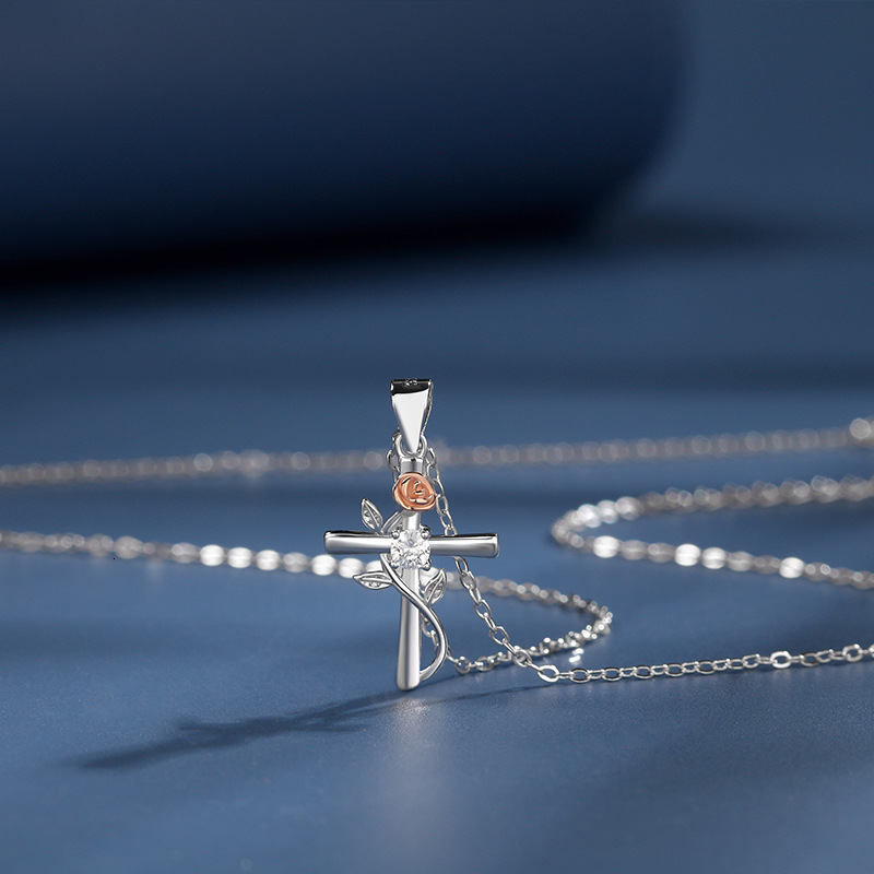 Sterling Sier Rose Flower Cross Necklace for Women Summer High-end Pendant Versatile Clavicle Chain Jewelry for Women