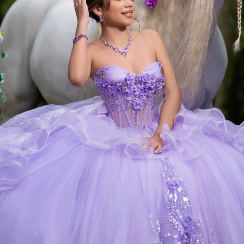 Lavender Shiny Quinceanera Dresses Off Shoulder Ball Gown Sweet 16 Dress Sequin Applique Flower Beads Tull Birthday Party Vestidos 15 De Anos