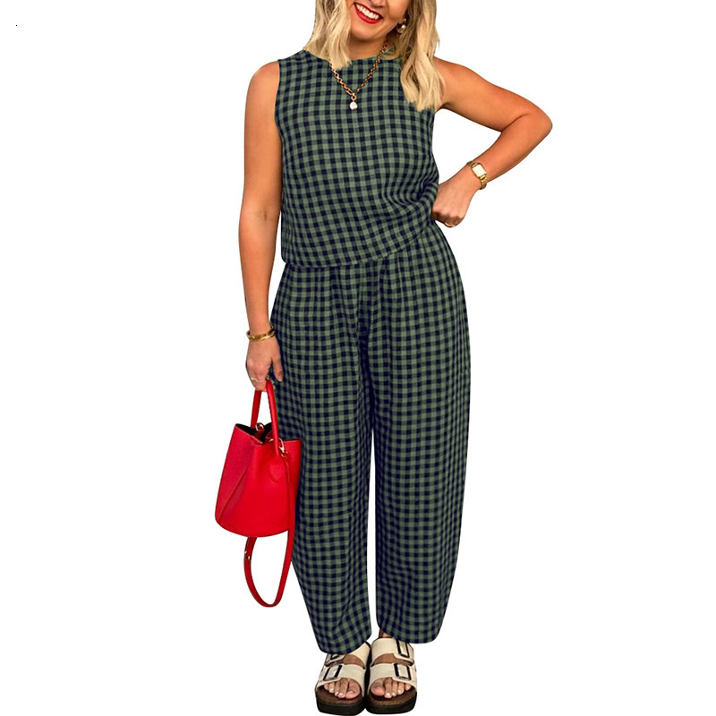 2025 Womens TK New Solid Color Plaid Loose Casual Sleeveless Vest and Long Pants Set