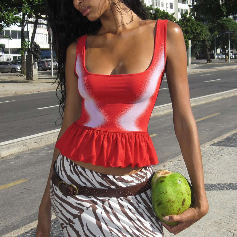 Y25tp163 Women's Summer New U-Neck Color-Block Ruffle Sexy Tank Top T-Shirt For Women B5