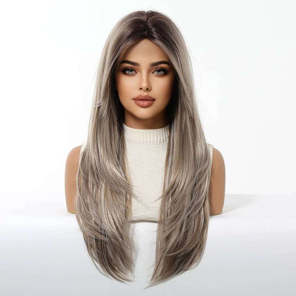 Allbell Magique Ombre Blonde Natural Synthetic For Women Daily Party Long Straight Layered Brown Hair Wigs Heat Resistant