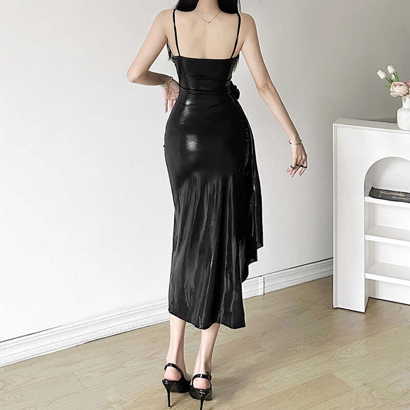 2024 Summer New Women's Solid Color Sexy Strap High Waist Bodycon Slit Dress ce1