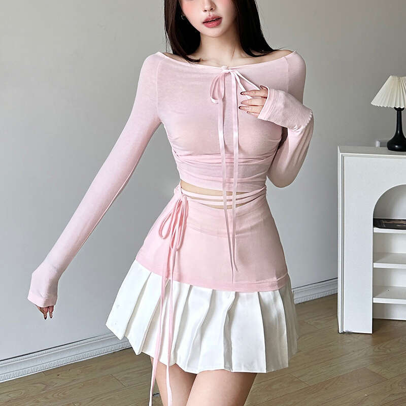 2024 Spring New Women's Fashion Sexy Long Sleeve Round Neck Waist-Exposing Tie T-Shirt a63