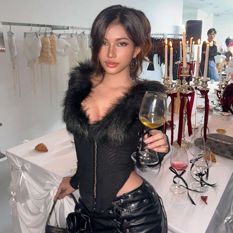 2024 Autumn New Women's Solid Color Slim Street Fashion V-Neck Fur Collar Long Sleeve Top 10c