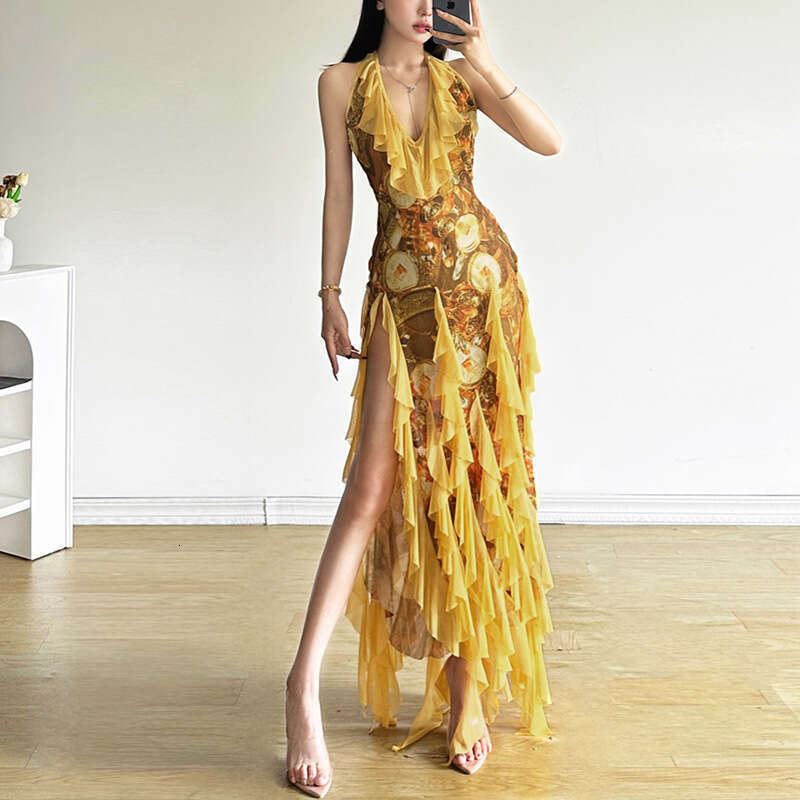 2024 Summer New Sexy Ruffle Vacation Style Halter Neck Strap Dress for Women d45