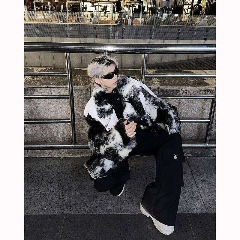 2025 Winter Ink Wash Blending Design Male Plush Men's Women's Short Cotton-Padded Clothes High Street Handsome Faux Fur