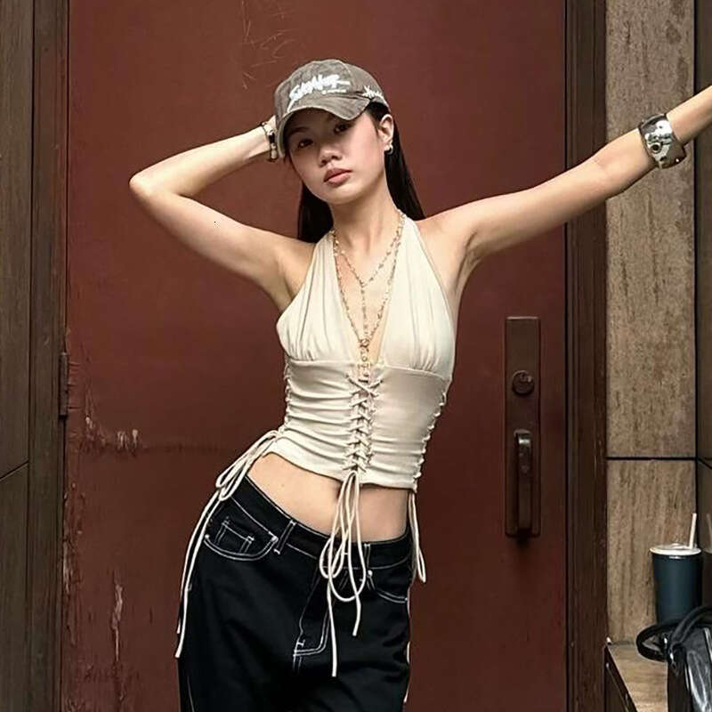2025 Summer New Deep V Lace-Up Vest Halter Slim Sexy Hot Girl Versatile Top for Women e02