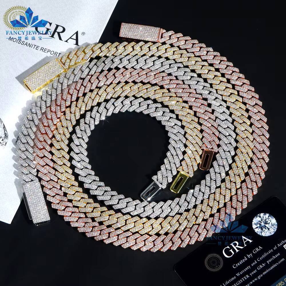 Hot Sale VVS Moissanite Necklace 8mm 10mm 12mm 925 Silver Gold Plated Trendy Iced Hip Hop Style Cuban Link Chain Trendy Iced Hip