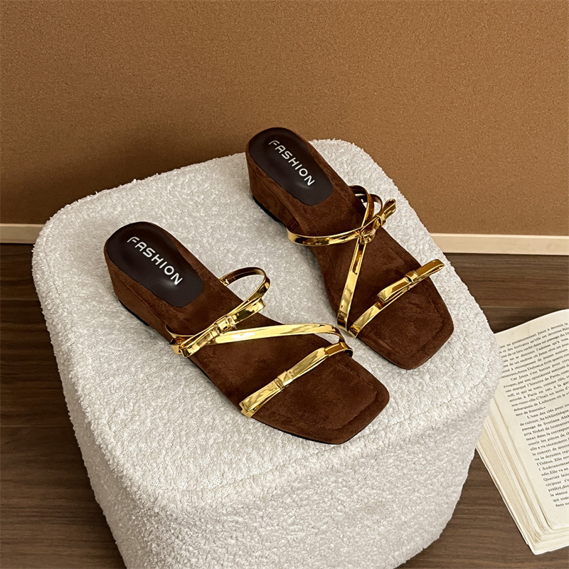 Ddmysports French Style Open Toe Bowknot Square Wedge Sandals For Women Summer New Elegant Gold Thin Strap Slip Ons Outdoor Shoes