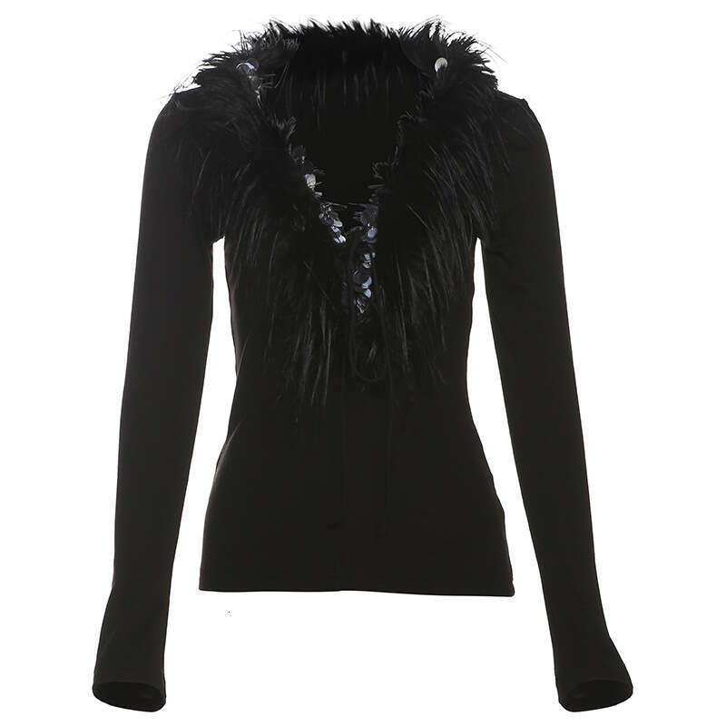 2024 Autumn Winter New Women's Solid Color Slim Fit Street Fashion V-Neck Long Sleeve Top 6b6