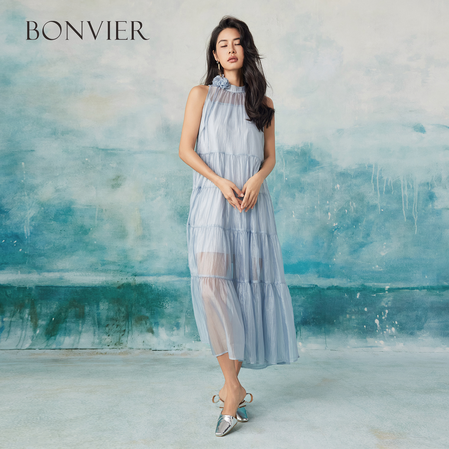 2025 summer new three-dimensional flower temperament cake skirt elegant long skirt holiday style sky blue halter neck skirt 6116808
