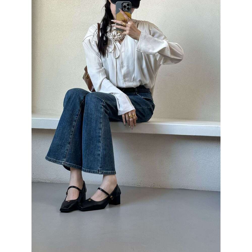 Camellia Single Women, Chunky Heel, Comfortable, Korean Style, Niche High Heels, Woven, High-End Feel, Versatile Shoes for Women