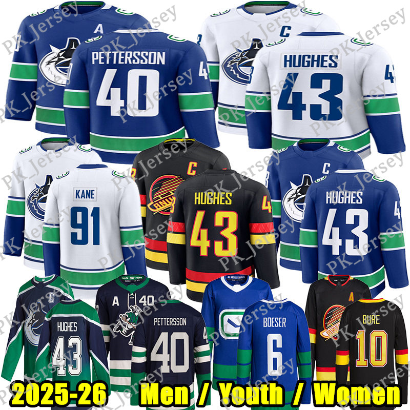 #43 Quinn Hughes hockey Canuck jersey #40 Elias Pettersson Evander Kane Brock Boeser Trevor Linden Jake DeBrusk Filip Hronek Conor Garland Pavel Bure jerseys