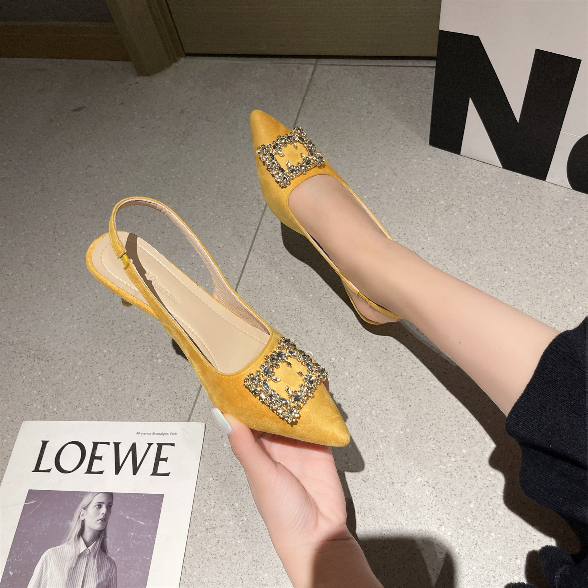 Ddmysports Elegant Pointed New Large Size High Heel Commuter Spring Summer Closed Toe Rhinestone Fairy French Style Backless Sandals Outdoor Shoes