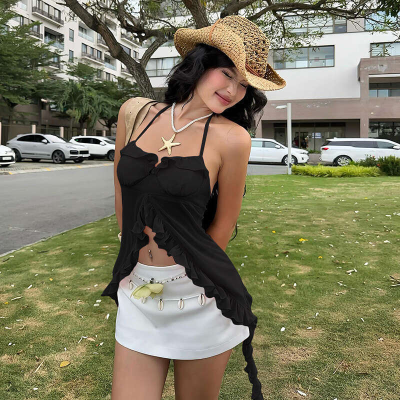 2025 Summer New Halter Neck Waist-Cinching Sleeveless Versatile Crop Elegant Slim Fit Small Ribbon Top for Women 92b