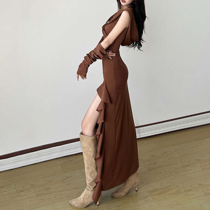 2024 Autumn New Women's Solid Color Slim High Waist Fashion Hooded Long Sleeve Split Dress dd6