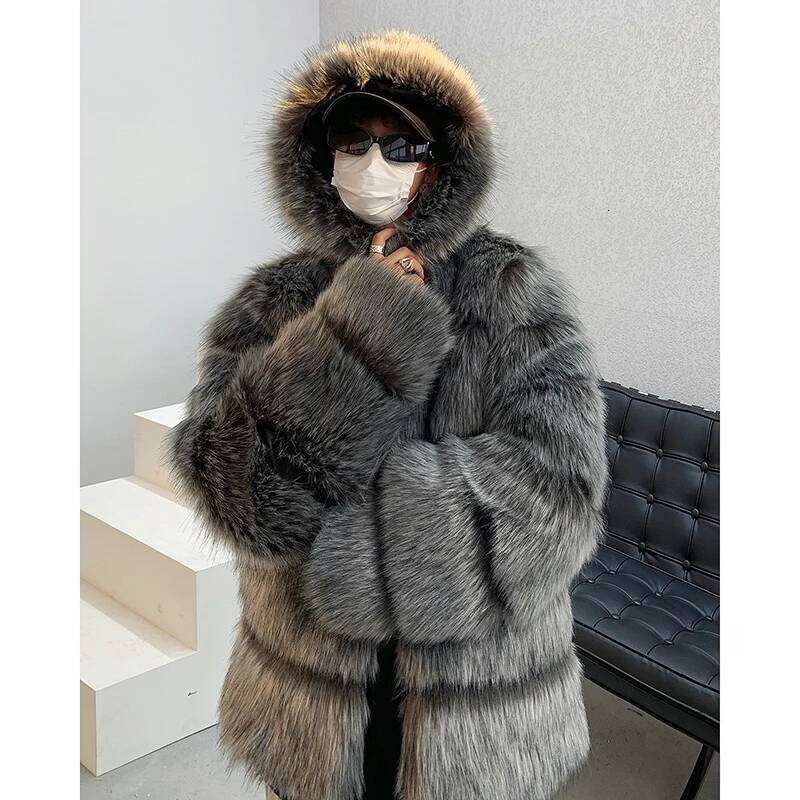 2025 Winter New High-End Imitation Striped Cotton-Padded Coats Men's Fashion Trendy High Street Cotton Warm Faux Fur Jackets