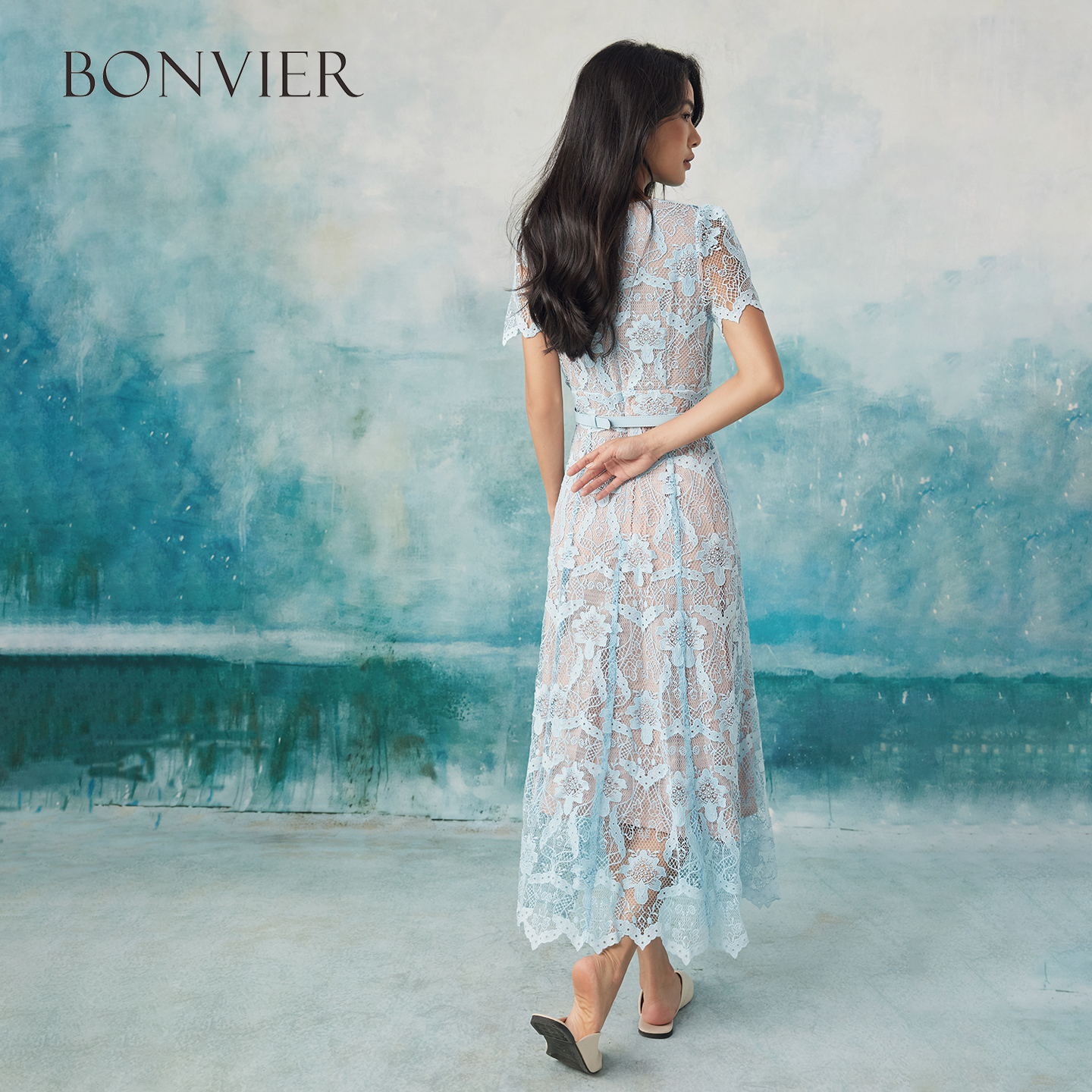 2025 Summer New High Waist Water-soluble Lace A-line Skirt Sky Blue French Senior Midi Skirt 6116470