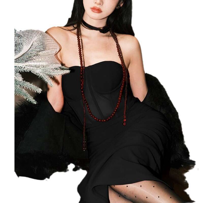2023 Autumn Winter New Women's Solid Color Slim Fit High Waist Fashion Off-Shoulder Tube Dress e85