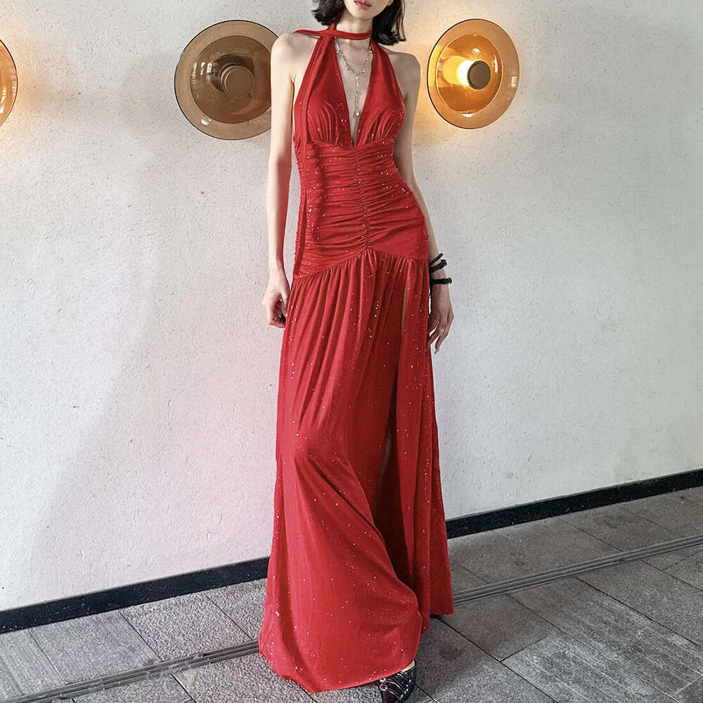 2025 Summer New V-neck Beach Vacation Style Halter Tie Elegant Slim Dress Women's Fashion 978