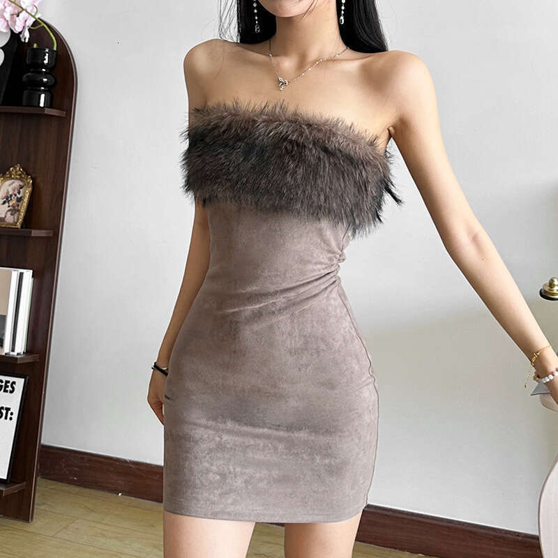 2024 Autumn Winter New Women's Solid Color Slim Street Fashion Off-Shoulder Tube Dress 922