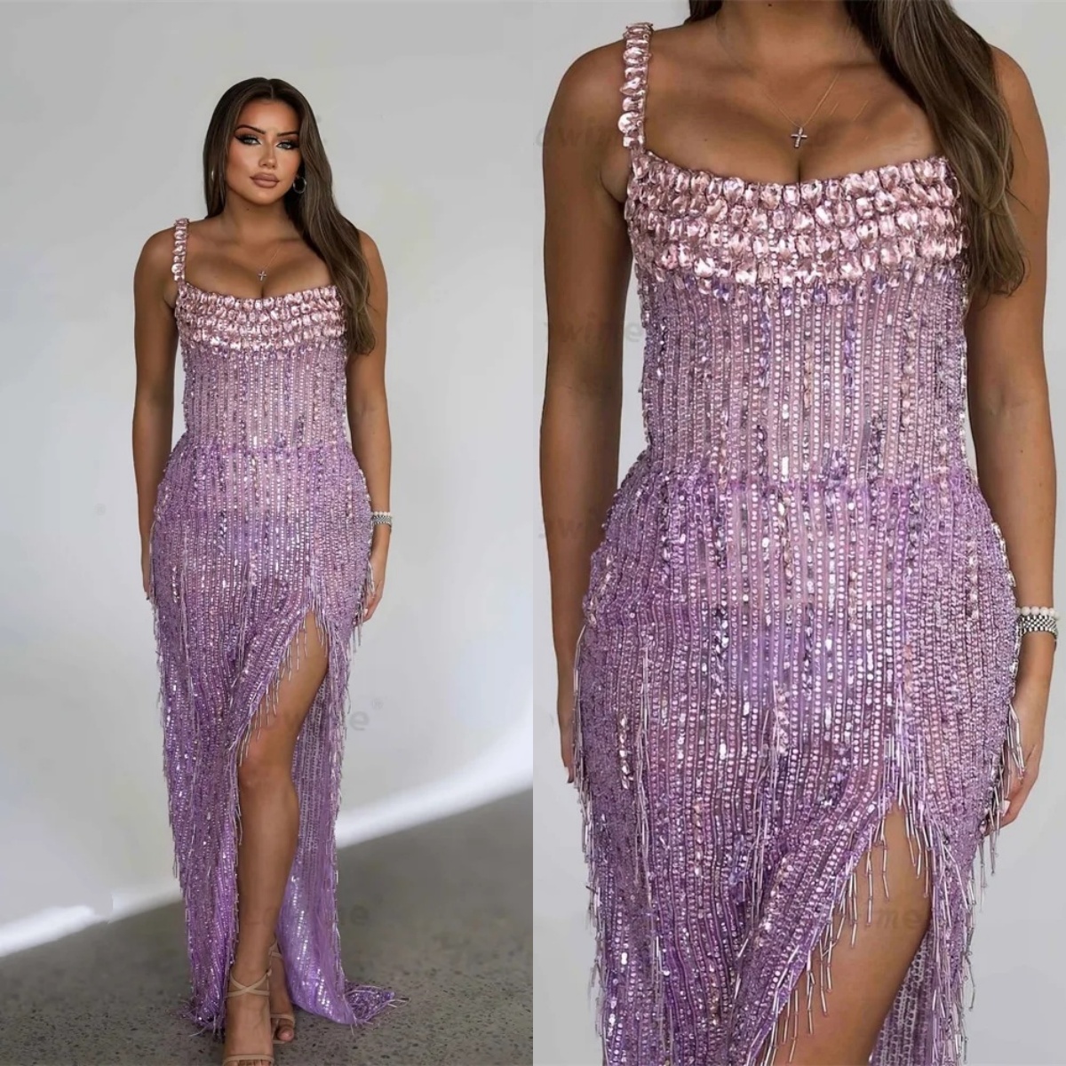 Gorgeous Evening Dresses For Women Square Neck Sleeveless Gown Split Side Crystal Sequins Tassel Dress Party Customized Dress