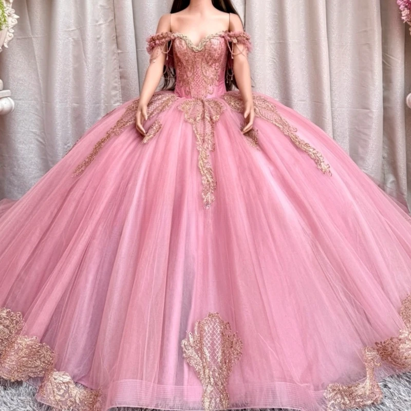 Pink Quinceanera Dresses Off Shoulder Ball Gown Sweet 16 Dress Applique Lace Beading Tull Birthday Party Vestidos 15 De Anos