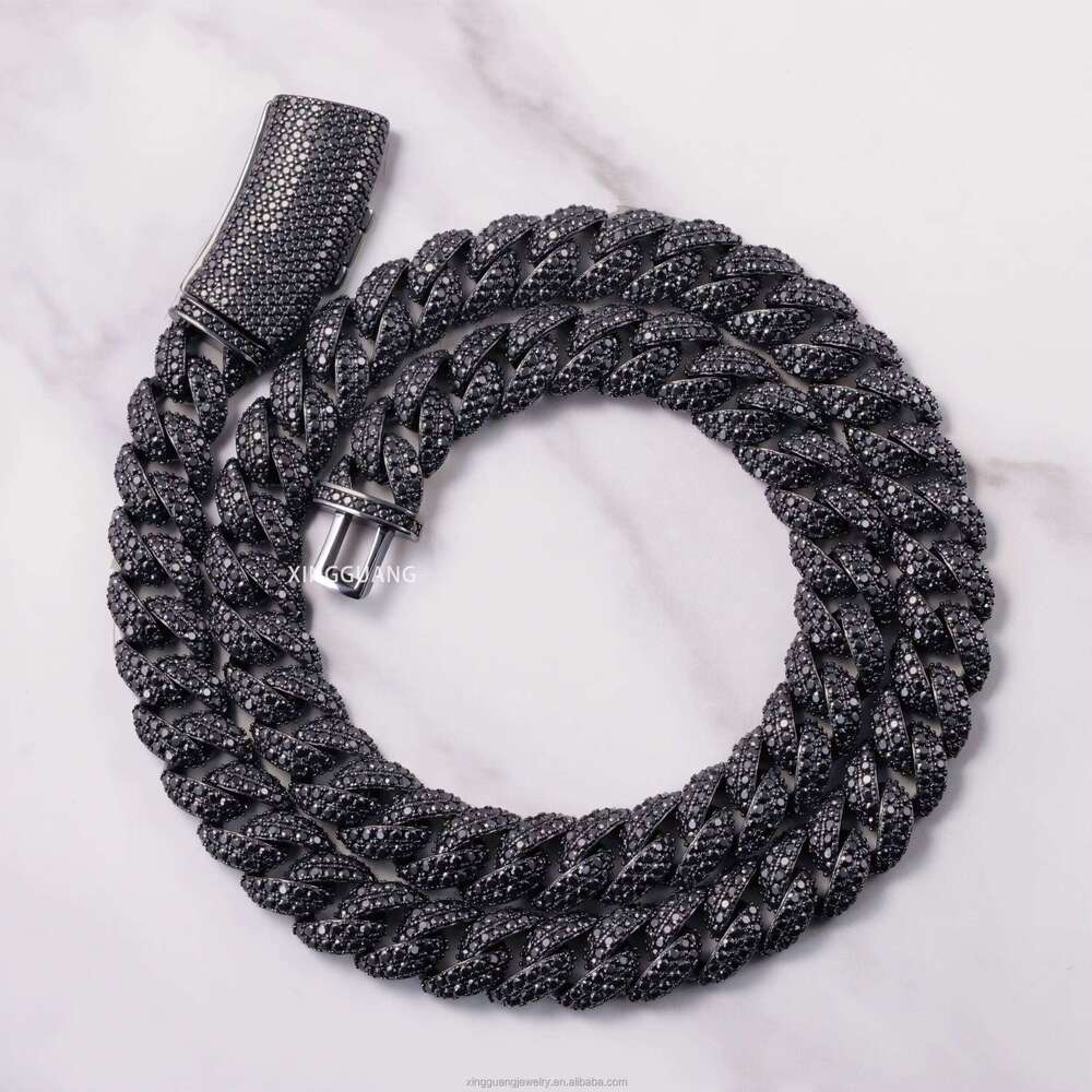 Pass Dia Tester 13mm Gold Plated Hip Hop Cuban Link Sier Full Iced Out Black Moissanite Chains Necklace