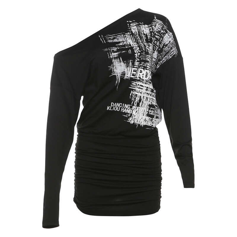 2024 Autumn New Women's Solid Color Slim Street Style Fashion Asymmetrical Neck Long Sleeve Printed Dress dd9