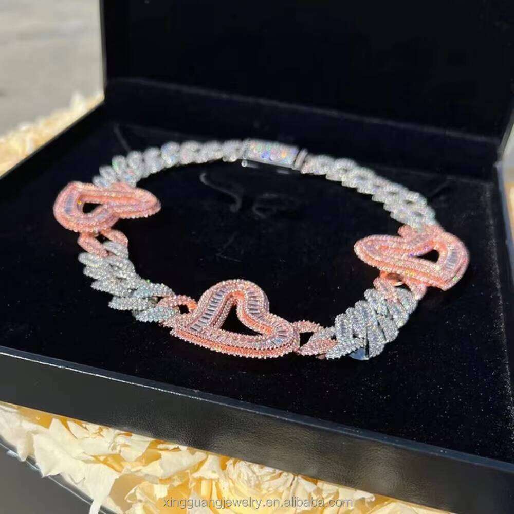 Customized Heart Whitegold Plated Cuban Link Sier Iced Out baguette Moissanite Charms Fashion Chain Necklace