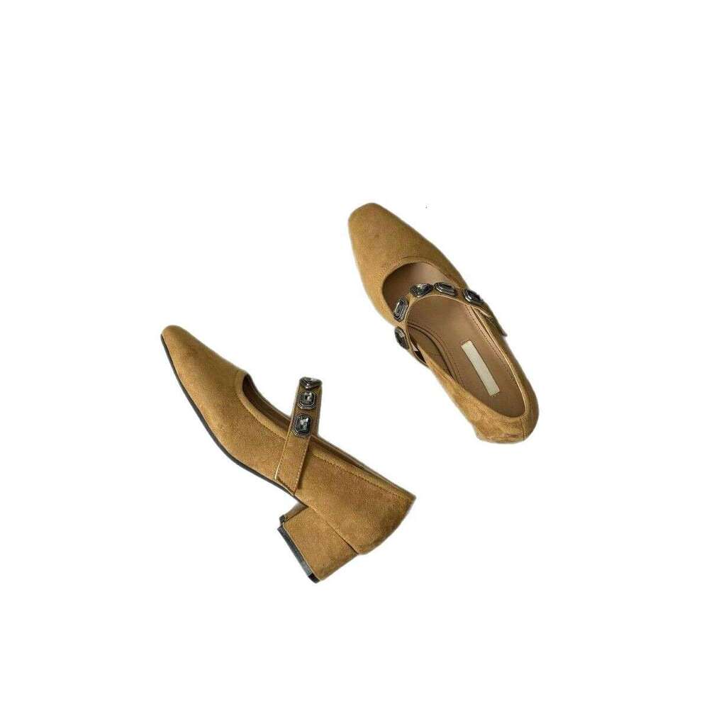 Square Toe Suede Metal Strap Mary Jane for Women 2025 Spring and Autumn New Thick Heel Shallow Mouth Single Shoes