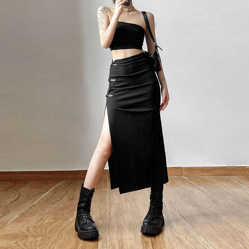 2022 Autumn New Women's Solid Color Slim High Waist Fashion Split Mid-Length Skirt 073