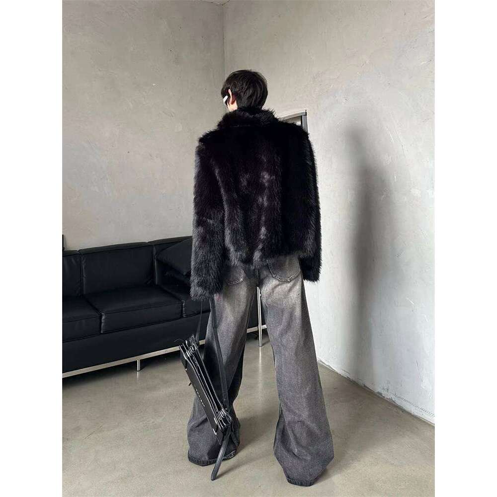 Stylish Mink Short Coats Loose High-End Retro Faux Fur Men's 2025 Autumn New Stand-Up Collar Black Long Sleeve Chic Jacket Tops