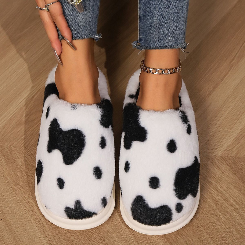 Spotted Furry Home Non-Slip Cotton Women's Fleece-Lined Warm Winter Thick-Soled Slippers Men's
