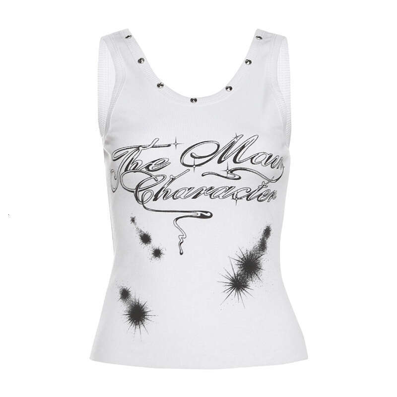 2025 Spring New Women's Solid Color Slim Street Fashion Round Neck Sleeveless Printed Tank Top f42