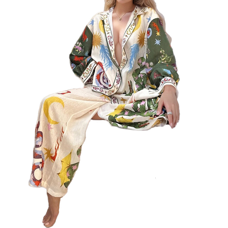 2025 New Womens Fashion Personality Print Macaron Long Sleeve Shirt Set
