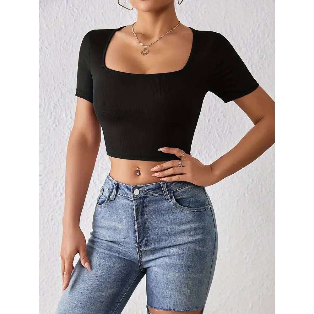 Square Solid Neck Crop T-Shirt, Y2K Sexy Short Sleeve T-Shirt For Women's Clothing Summer