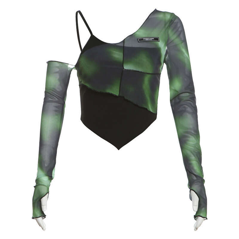 2024 Autumn New Women's Solid Color Slim Street Fashion Asymmetrical Neck Long Sleeve Printed Top b01