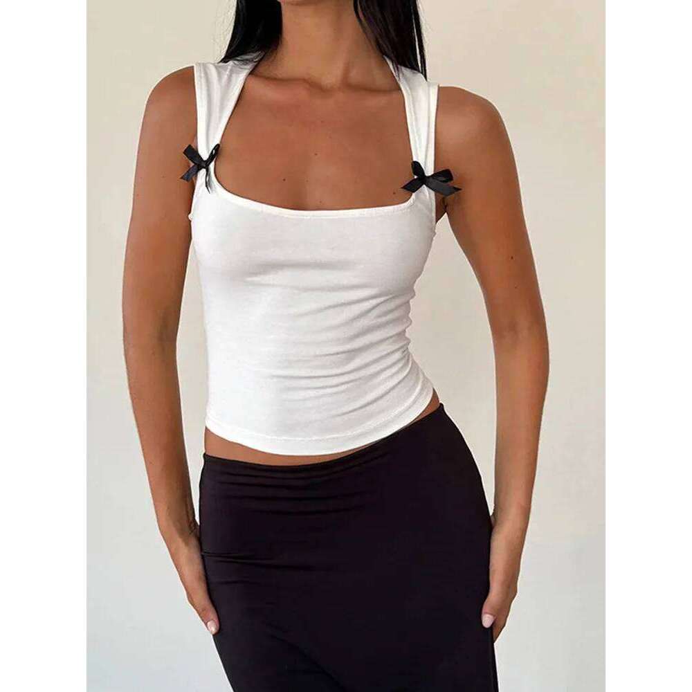 Y2K Women's Bow Tie-Up Tank with Wide Shoulder Straps Bandage Camisole Sexy Low Cut Crop Female Vest Top
