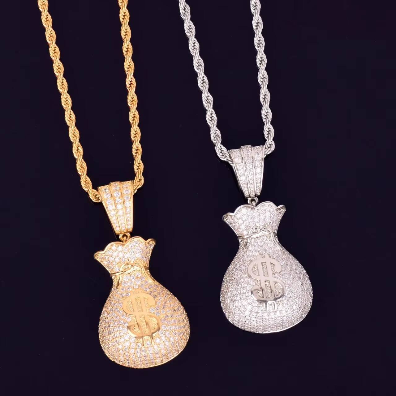 Hip Hop Style Mens Womens 18K Gold Moissanite Pendant Necklace with Silver Dollar Sign Money Bag Jewelry Charms