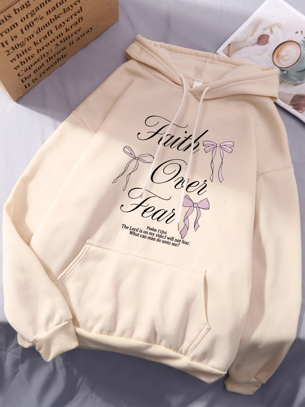 Pink Bow Faith Over Fear Printing Hoodie Winter Fleece Warm Hooded Fashion Pocket Tops Comfortable Loose Woman Clothes 250725