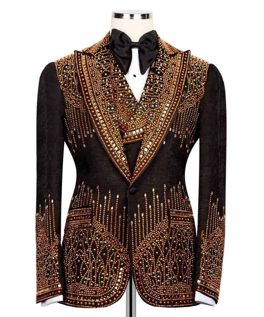 Luxury Men's Suits Crystal Beads Slim Fit Wedding Groom Tuxedos Peaked Lapel Business Blazer Set 3 Pieces Customized