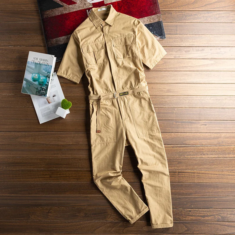 Summer Harajuka Mens Shortsleeved Jumpsuit Hip Hop Casual Multipockets Solid Color Cargo Overalls Fashion Trousers S5x 250725