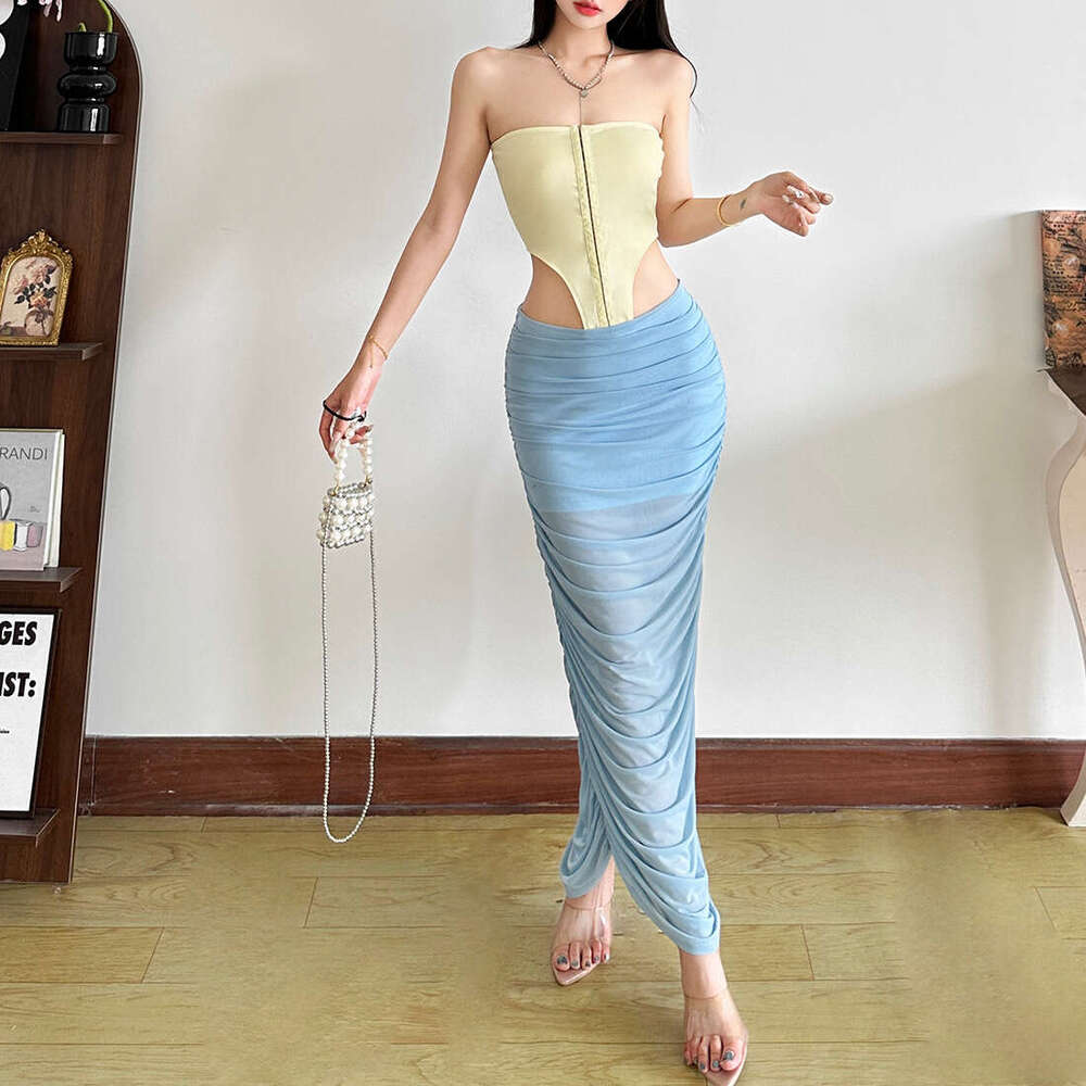 2025 Summer New Fashion Color-Block Elegant Sexy Backless Slim Fit Tube Dress for Women 2cc